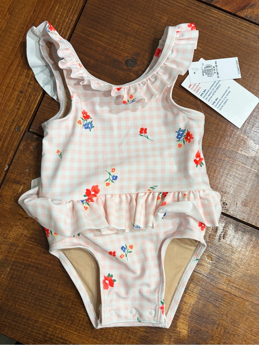 Old Navy Pink Gingham Floral Ruffle One-Piece Swimsuit